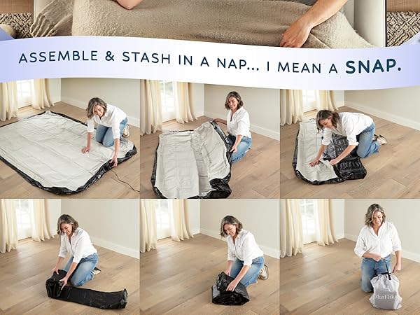 Step-by-step demonstration of storage bag compression system, showing sequence of folding and rolling to compress bedding or similar items.