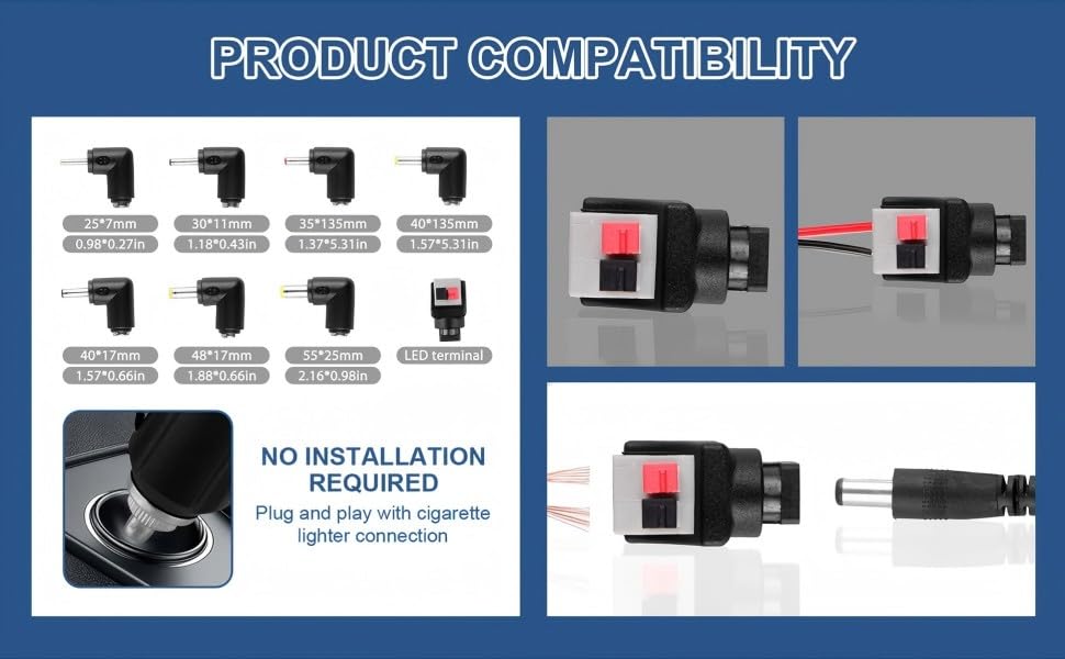 Product compatibility chart showing various plug types and a cigarette lighter adapter. Images demonstrate plug-and-play installation for a device with red and black buttons.
