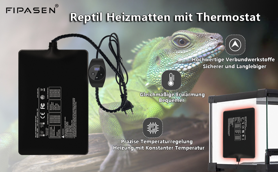 Reptil Heizmatten mit Thermostat, FIPASEN Terrarium Heizmatte für Schildkröten Schlangen Reptil Heizmatten mit Thermostat, FIPASEN Terrarium Heizmatte für Schildkröten Schlangen