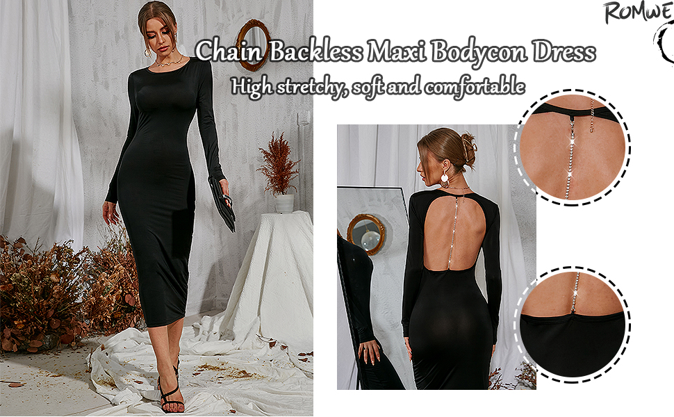 Chain Backless Midi Bodycon Dress Long Sleeve Solid Party Dress