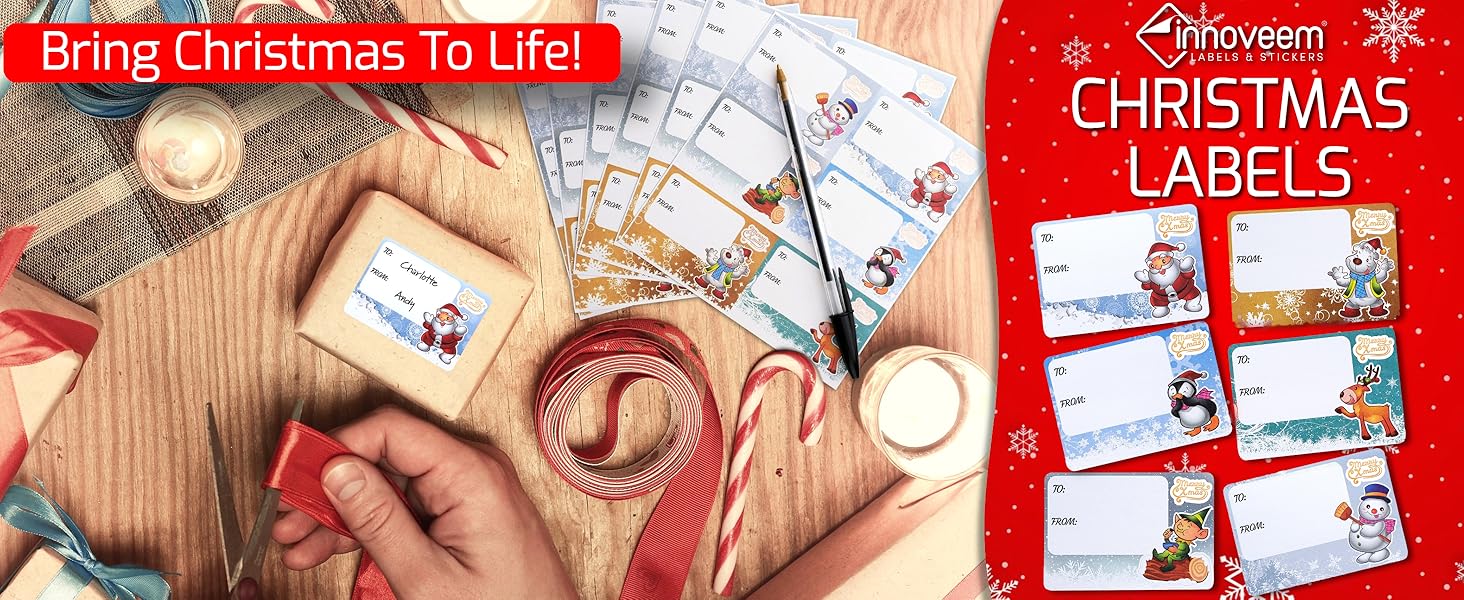 Christmas gift labeling set with decorative labels and candy canes on wooden surface, featuring traditional holiday designs.