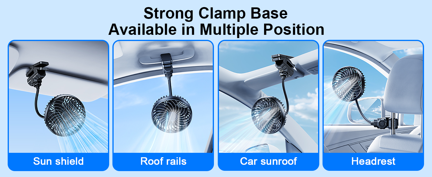 Car Clip on Fan, Long Hose 5V 2000mAh Rechargeable