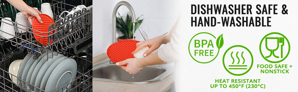 dishwasher safe and hand washable, bpa free, heat resistant up to 450°F, food safe and nonstick