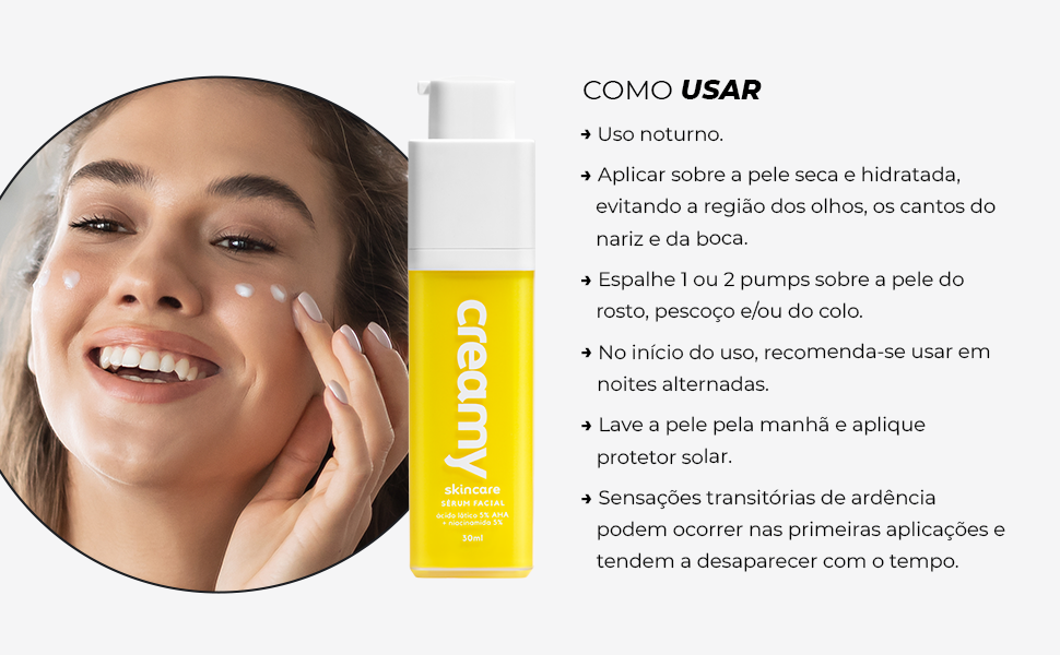 Uso noturno, aplicar sobre a pele seca e hidratada