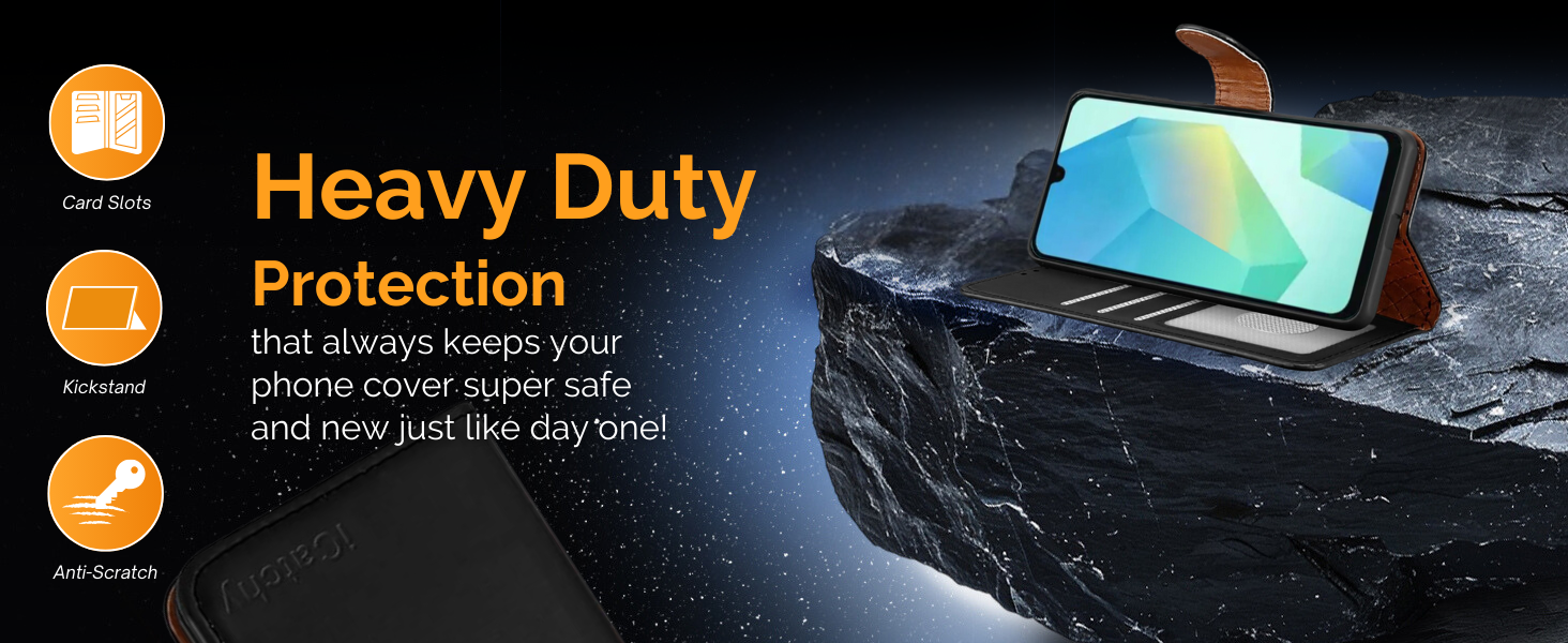 Laptop protection product advertisement featuring icons for scratch resistance, drop protection, and water resistance. Dark background with laptop image.