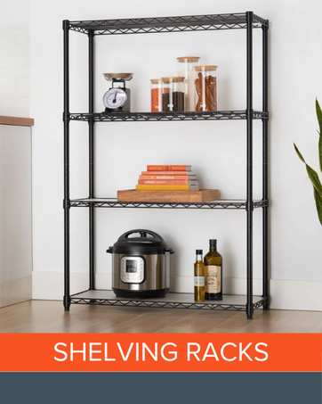 Black metal shelving rack with books, jars, appliances, and kitchen decor items