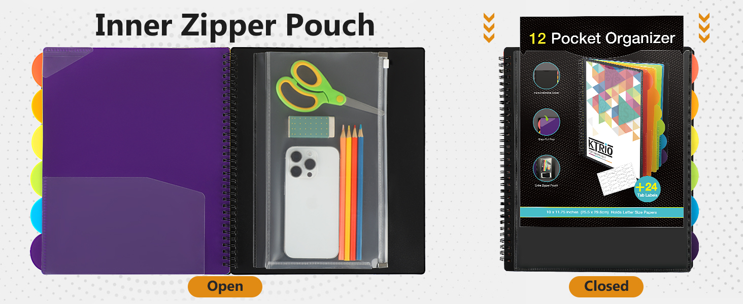 KTRIO 12 Pocket Poly Project Organizer, Round Tab Binder