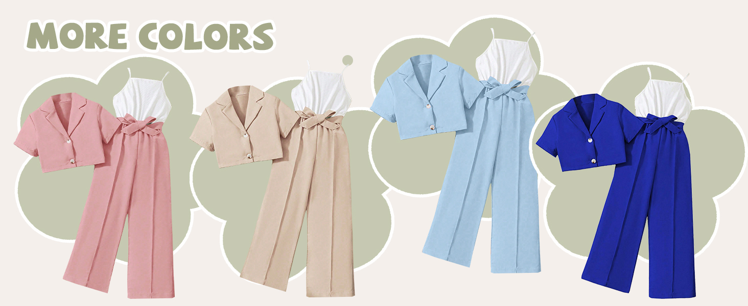 Floerns Girl's 2 Piece Outfits Short Sleeve Button Front Blazer Jacket & Belted Cami Jumpsuit Sets