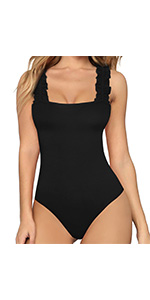 MANGOPOP Women's Square Neck Ruffle Strap Stretchy Tank Tops Bodysuit Jumpsuit