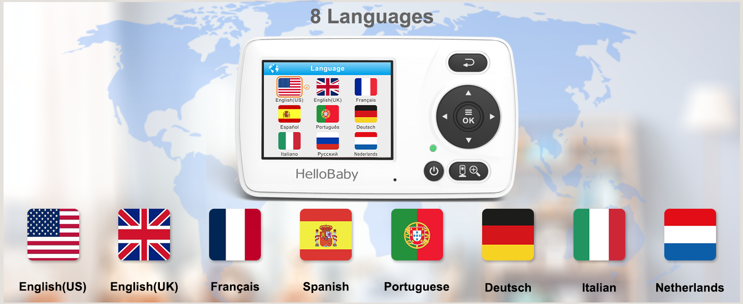 Language selection interface showing eight country flags with corresponding language options, including English, Spanish, French, and others across a world map background.
