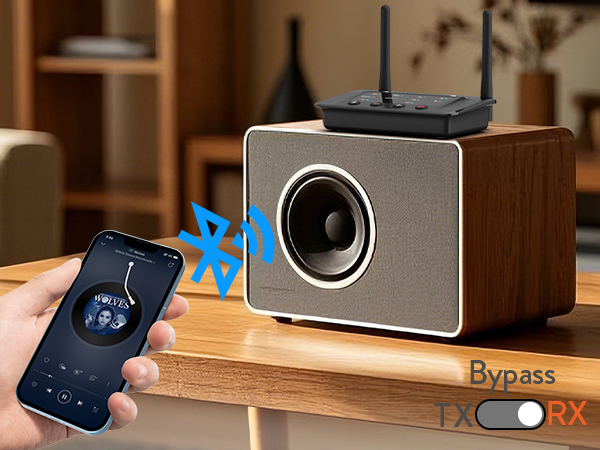 Wireless speaker with wood and metal finish. Smartphone displaying music controls connected via Bluetooth. Text overlay shows 'Bypass TX RX' with toggle switch.