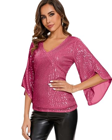 Genhoo Womens Sparkly Sequin Tops Dressy 3/4 Sleeve V Neck Wrap Shimmer