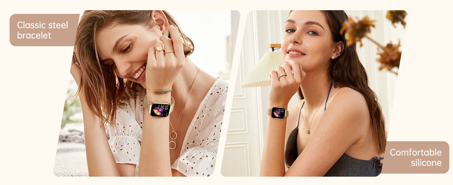 Smartwatch with square display and colorful interface, shown on wrists of two people. Features steel bracelet and silicone band options.