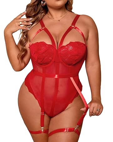 Women Plus Size Ring Linked Cut Out Sheer Mesh Teddy Bodysuit Garter Lingerie Set