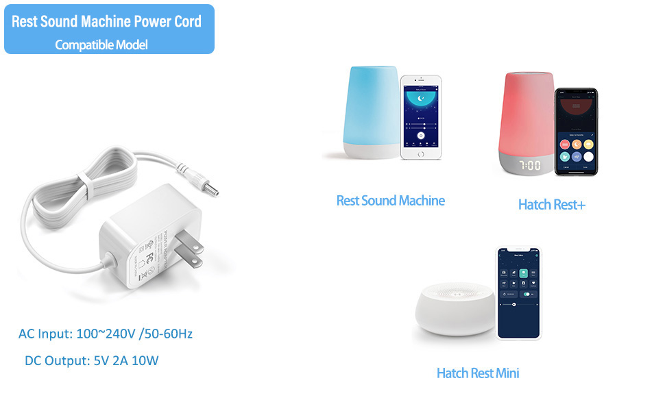 The charger is fit for Rest sound machine,Hatch Rest+,Hatch Rest Mini,Little Hippo Mella