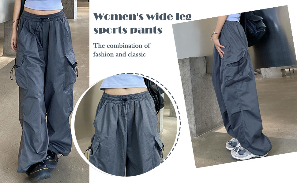 Womens Wide Leg Y2k Parachute Pants Baggy High Waisted Cargo