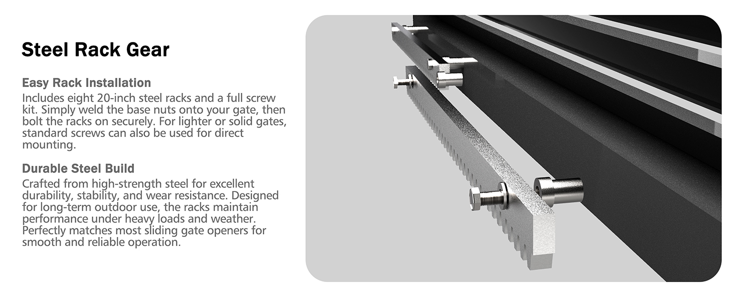 Sliding gate opener with racks, precise and smooth gate movement, durable design