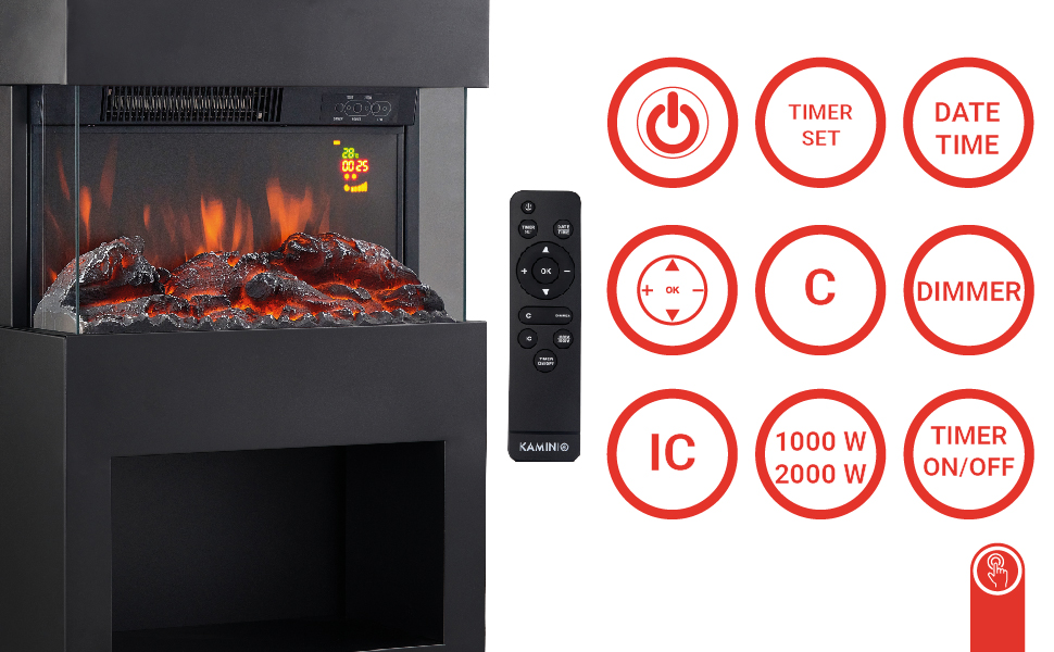 Electric fireplace with realistic flame effect, remote control, and multiple settings including timer, temperature, dimmer, and power options.