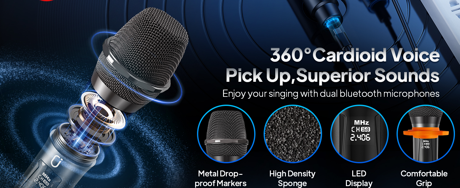 High-performance Bluetooth wireless microphone with 360° sound input.