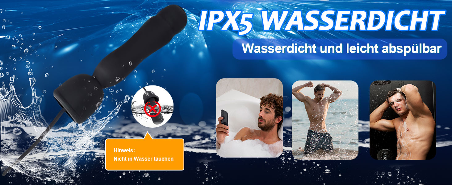 Der Text lautet 'IPX5 WASSERDICHT' und 'Wasserdicht und leicht abspulbar'. Marketingbilder zeigen wasserdichte Handschuhe mit Demonstration der Wasserdichtigkeit.