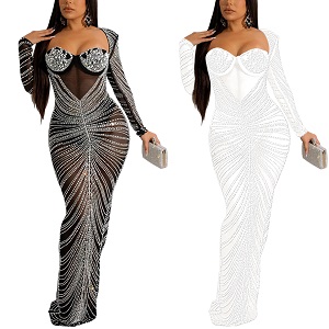 PORRCEY Women's Sexy Hot Drilling Craft Dress Long Sleeve Bodycon Party Club Night Out Dress