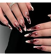 SINHOT Almond Press on Nails - Long Fake Nails, Glossy Finish, Black Halloween Blood & Goth Horro...