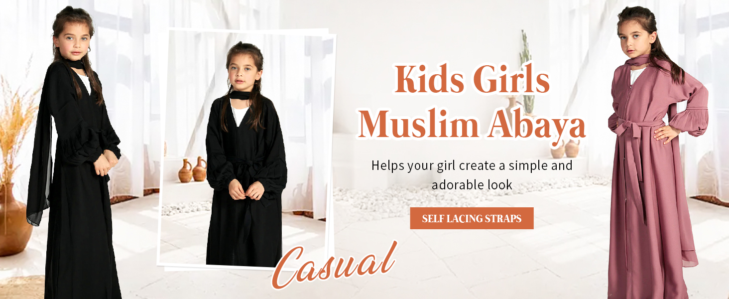 Kids Girls Muslim Abaya Long Sleeve Snap Front Maxi Dress with Belt Robe Kimono Dubai Hijab Dress