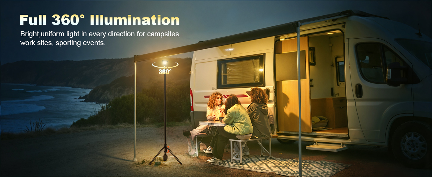 full 360° brightness of the recharge work light with stand