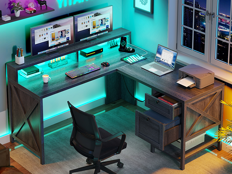 YITAHOME Farmhouse L Shaped Desk with Power Outlets & LED