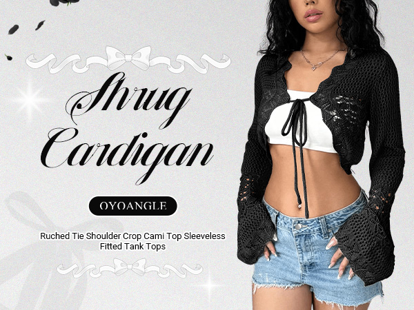 OYOANGLE Women's Crochet Tie Front Sweater Cardigans Bell Sleeve