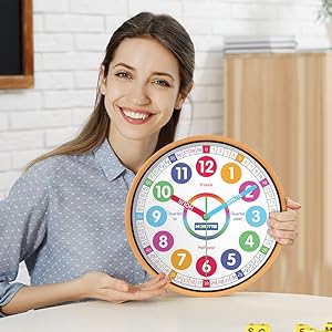 Kids Wall Clock for Bedroom, 10 Inch Round Multi-Colored Learning Clock, Children's Silent Analog Non-Ticking Educational Wall Clock for Boys and Girls Classroom Home Decor 15 Designed by Teachers and Parents