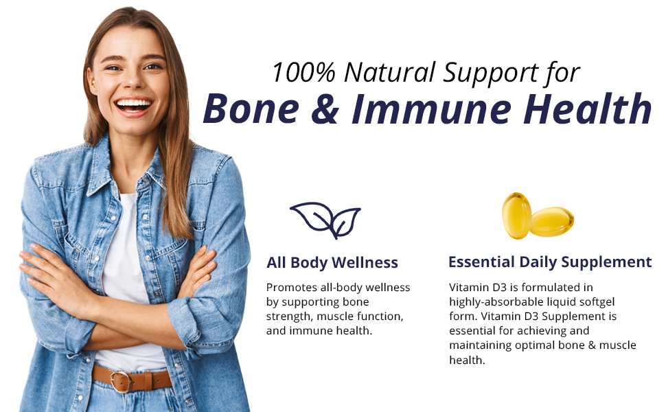 Vitamina D3 5000 UI Cápsulas blandas 125 mcg Suplemento Huesos Fuertes Apoyo Inmunológico Sin OMG Sin Gluten