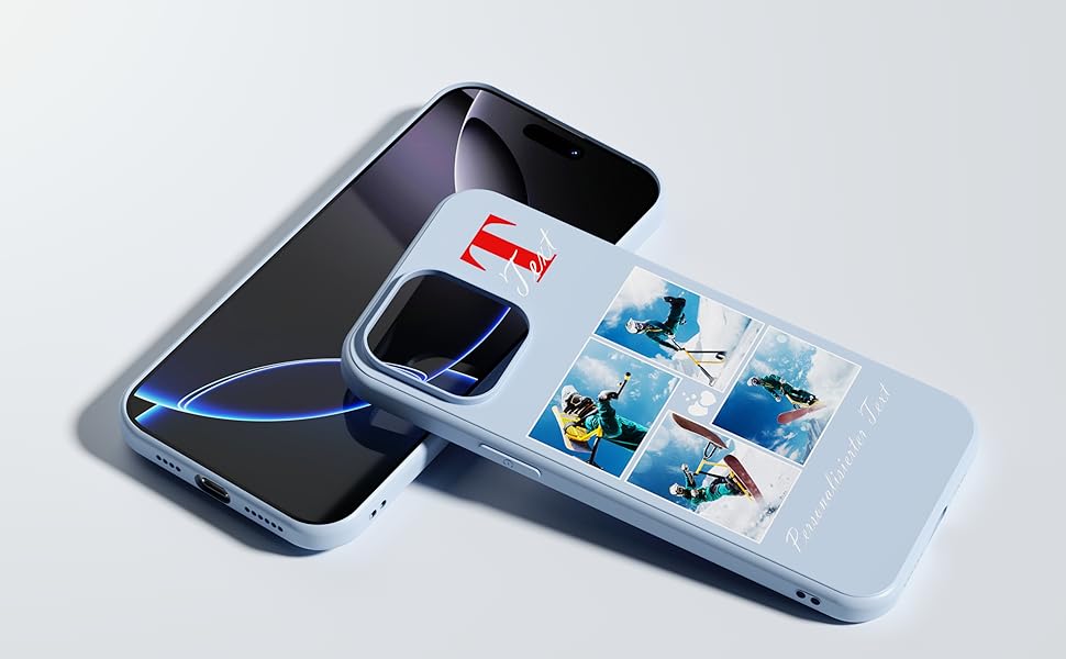 Sliding phone case revealing a hidden compartment containing printed photos, shown in blue and black colors.