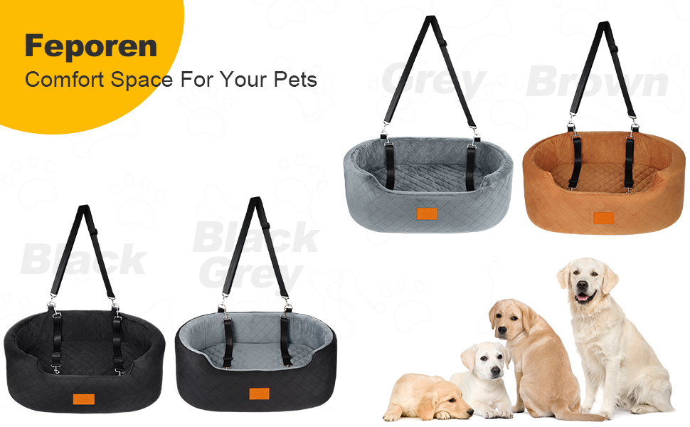 Feporen pet beds collection showing four color variants - black, dark grey, light grey, and brown, all with adjustable shoulder straps.