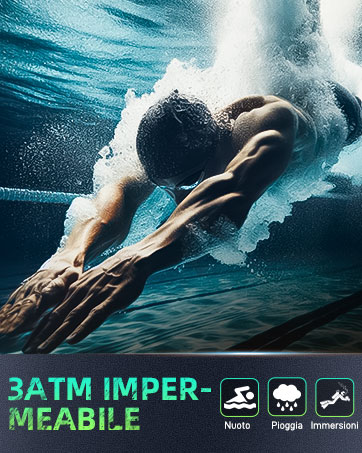 Il testo recita «3ATM IMPER-MEABILE». Fotografia subacquea che mostra un nuotatore in movimento dinamico con bolle che si trascinano, su uno sfondo blu intenso.