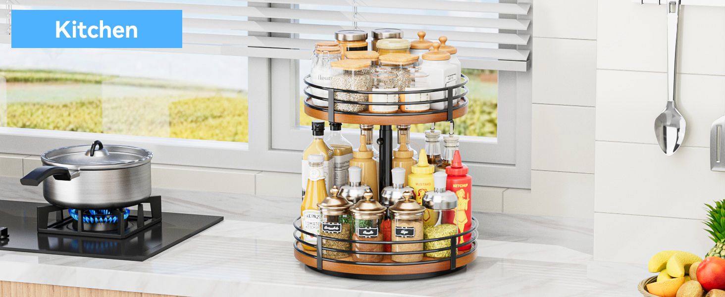 the 2 tier wood lazy susan is used for kitchen