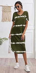 Milumia Women's Casual V Neck Short Sleeve Split Curved Hem Straight Midi T Shirt Dress 