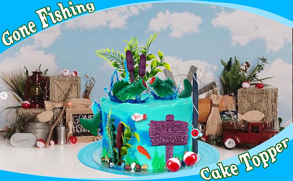 21 PCS Fishing Cake Topper Gone Fishing Cake Decoration