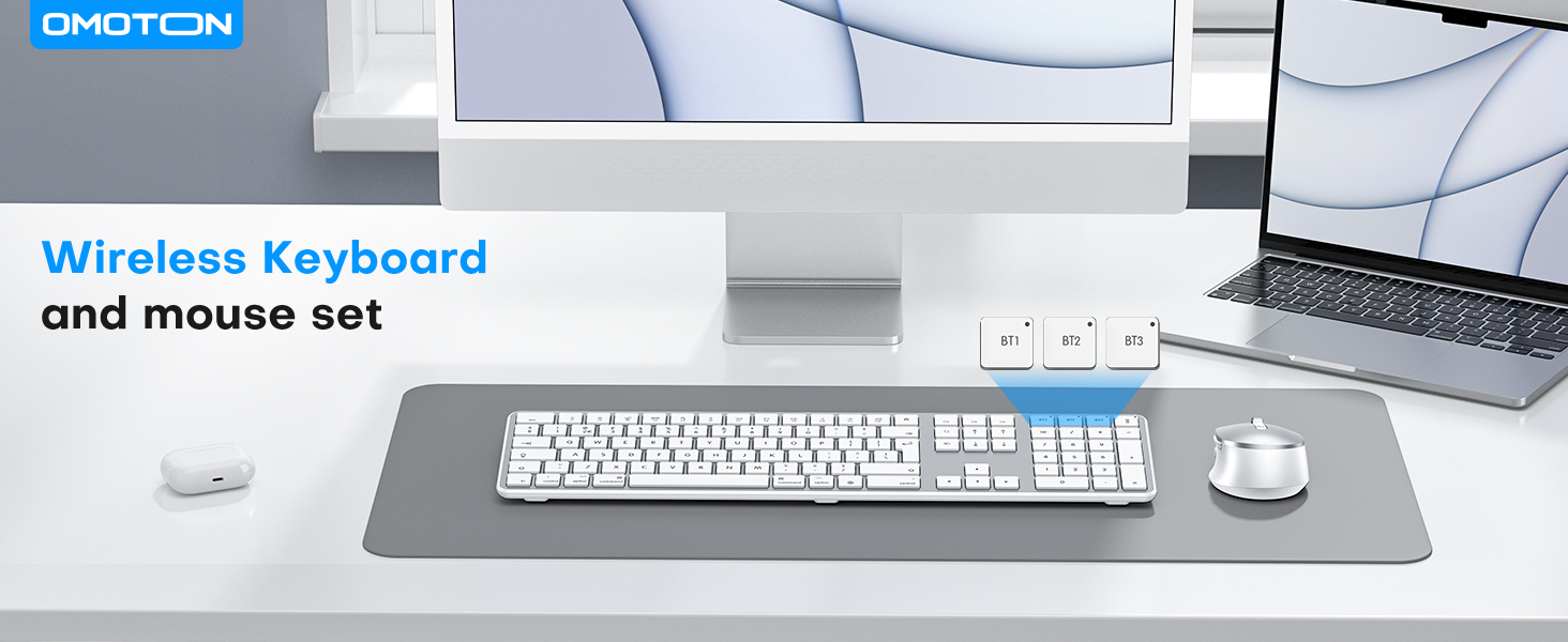 Text reads 'Wireless Keyboard and mouse set'. Product images showing white wireless keyboard and mouse combination on gray surface from multiple angles.