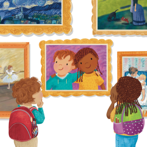 An illustration of the main characters in the book marveling at their portrait in a gallery.