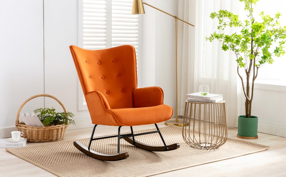 Velvet Rocking Chair Wingback Armchair For Living Room, Orange 13 BAR STOOLS SET OF 2