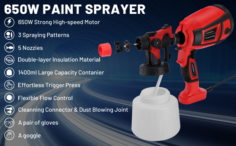 Paint Sprayer 650W HVLP Electric Paint Spray Gun， with 5