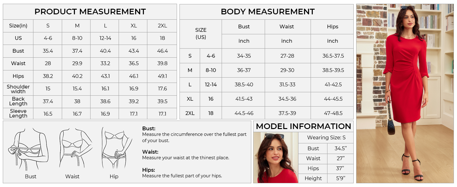 Work Dresses for Women 3/4 Sleeve Elegant Dresses Bodycon Dresses Red Party Dress Casual Midi Dress
