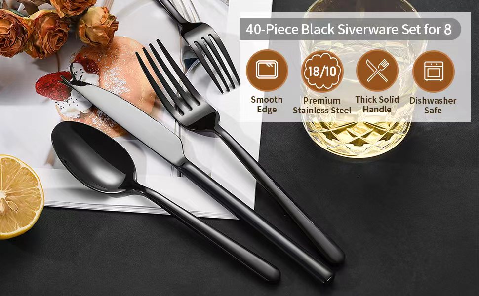 40 Piece Black Silverware Set for 8, HeavyDuty 18/10