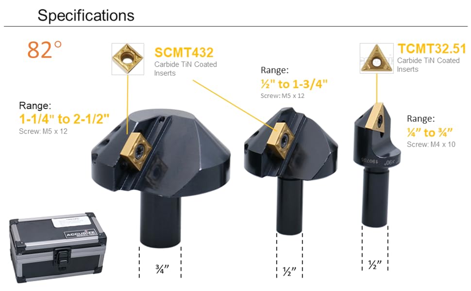 Accusize 3 Pcs/Set Indexable Carbide Countersink Set 82 Degree, 1/4