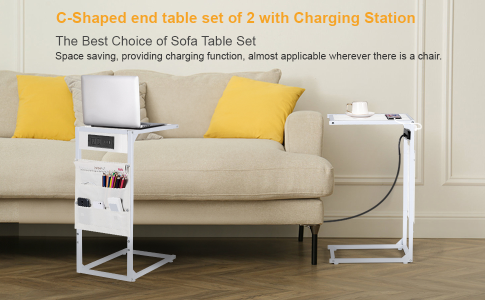 Fogein C Shaped End Table Set of 2 with Charging Station, Nightstand
