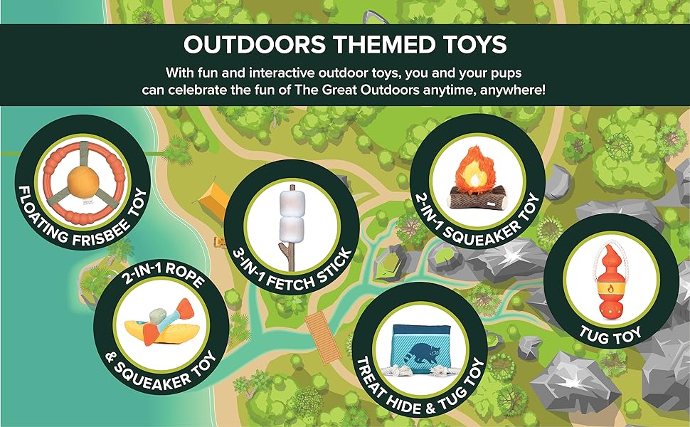 Assorted dog toys on an illustrated map