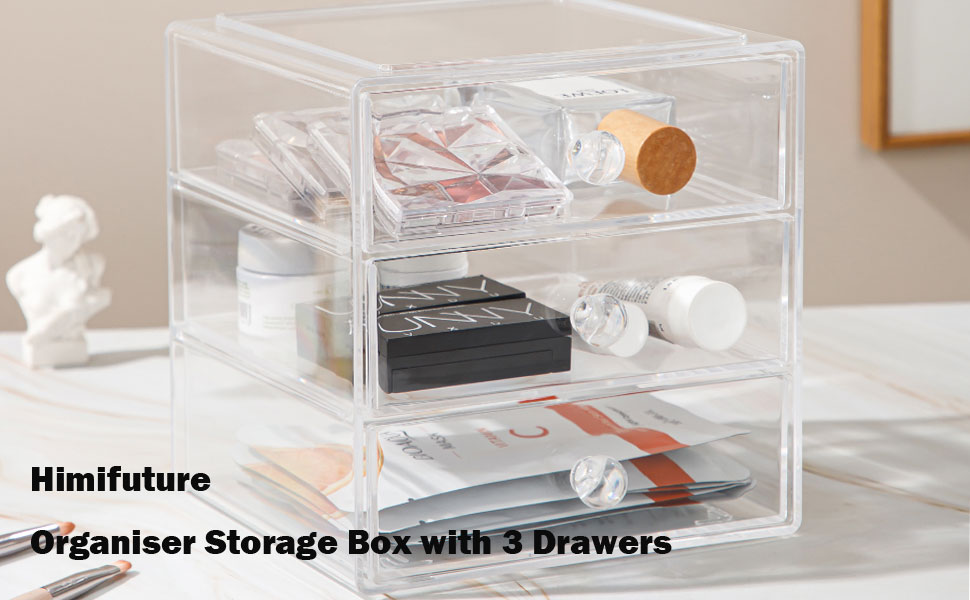 Makeup Organiser Storage Box with 3 Drawers, Acrylic Cosmetic Storage Case Jewelry Display Box Caddy for Sunglasses Jewelry Dressing Table Vanity Counter in the Bedroom Bathroom Gift Idea, Transparent 11 Organiser storage box