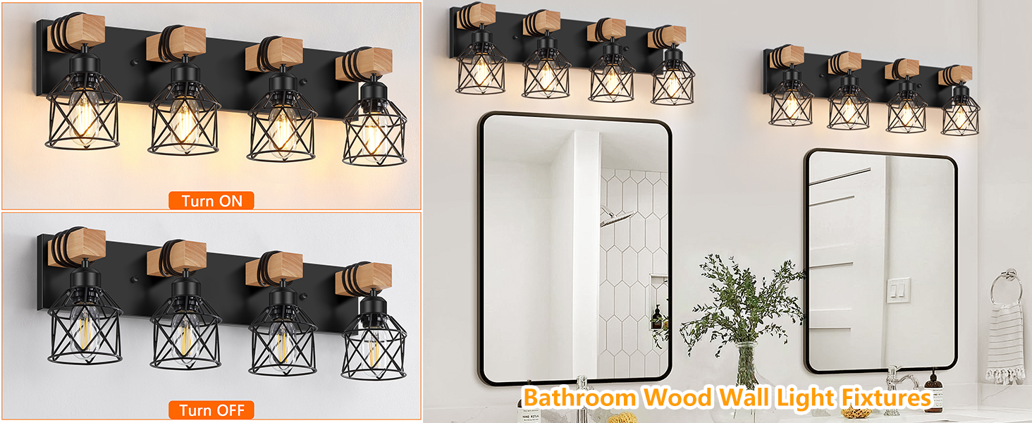4-Light Rustic Wood Sconces with Metal Cage Lampshade