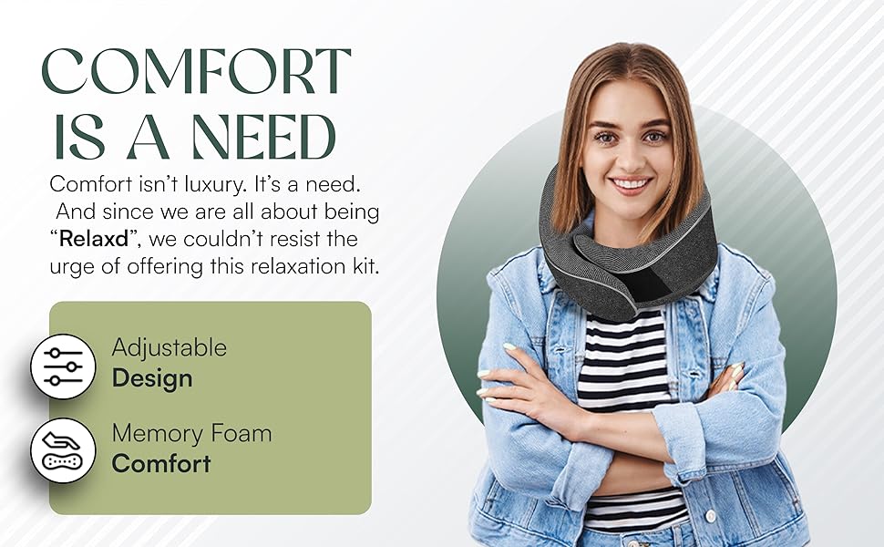 Relaxd Travel Pillow for Adults | Adjustable Memory Foam Neck Pillow for Travel | 360 Degree Neck Support | Removable Pillow Case | Includes Eye Mask, Earplugs, Travel Bag | Dark Grey | UK Brand 9 Comfort is a need